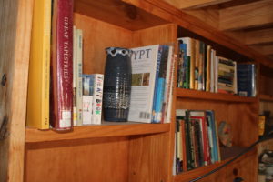 bookcase, built-in bookcase, loft, rocket-mass bench, home-farm, vase, pottery, pecan, medium gloss