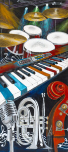 jazz art, jazz instruments poster, jazz print, jazz wall decor, brass symbols art, jazz drums art, colorful keyboard art, 50's microphone, mini trumpet, pocket trumpet art, double bass art, music poster, alisoncanyonart, long wall hanging, music teacher gift, jazz musician gift, art for musicians, jazz club art, wall decor for jazz club, art for restaurants, wall art for pool halls, wall art for dive bars